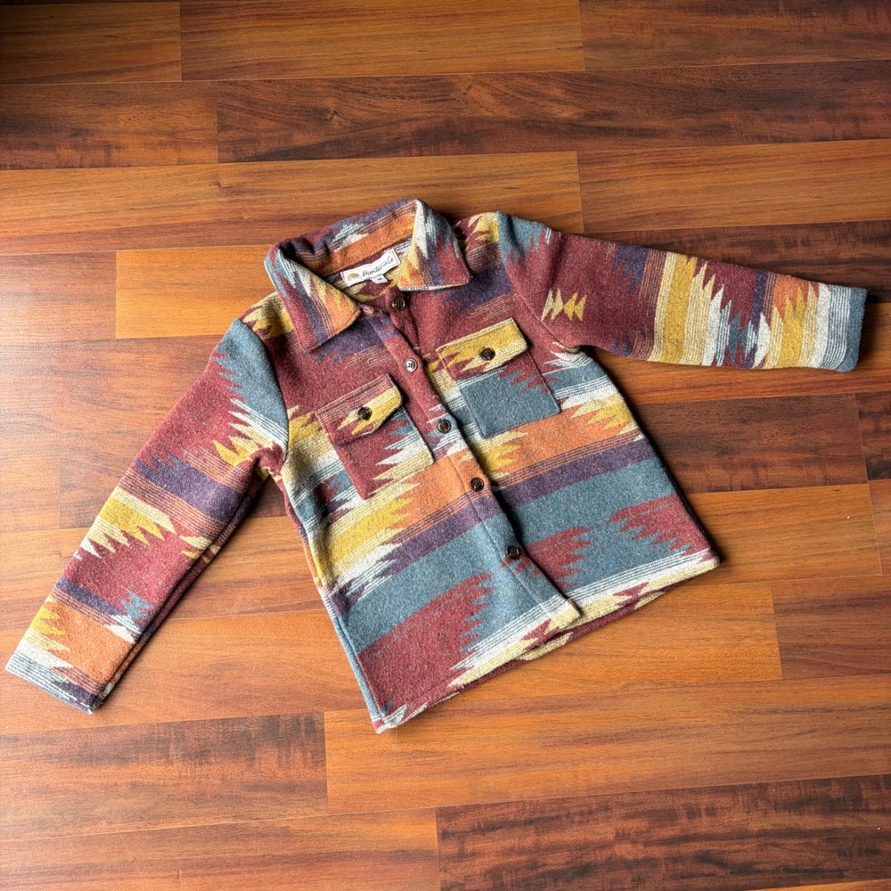 Montana Co Kids Southwestern Geometric Flannel Shacket Button Front Shirt Size M